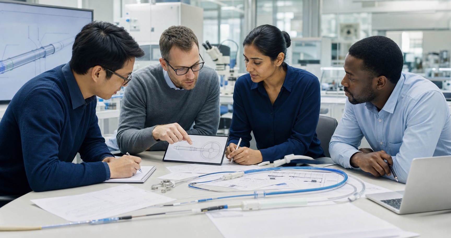 Engineers collaborating on catheter design and manufacturing