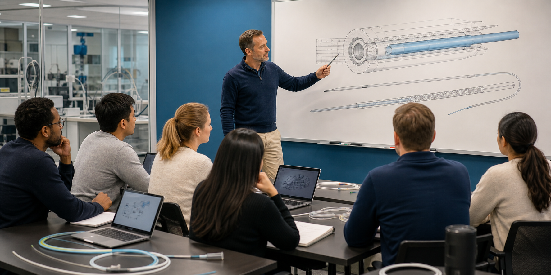 Instructor teaching catheter design to engineering students